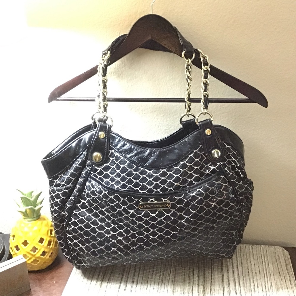 BETSEY JOHNSON Hobo Style Snake Sequin Black Bag
